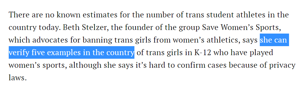 TIME Magazine excerpt from May 2022: There are no known estimates for the number of trans student athletes in the country today. Beth Stelzer, the founder of the group Save Women’s Sports, which advocates for banning trans girls from women’s athletics, says she can verify five examples in the country of trans girls in K-12 who have played women’s sports, although she says it’s hard to confirm cases because of privacy laws.