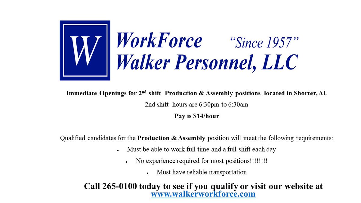 Immediate Openings!! Call us today at 334-265-0100
#WorkforWorkForce