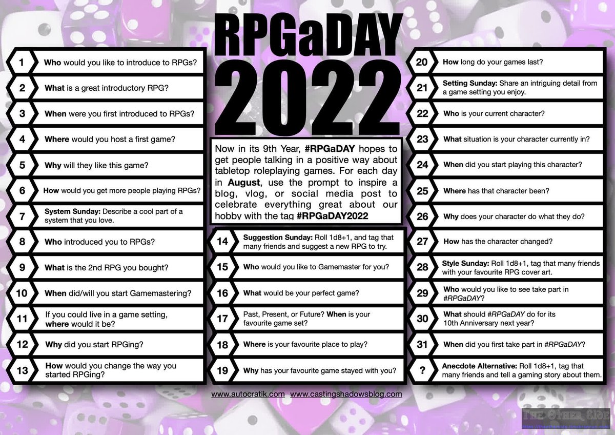 timsbrannan's tweet photo. #RPGaDAY2022 Day 31 - When did you first take part in #RPGaDAY?
We wrap up the 2022 #RPGaDAY with where we all got started. When was your first?
https://t.co/IfeBrZ2ECS https://t.co/NQnoUxzQbg