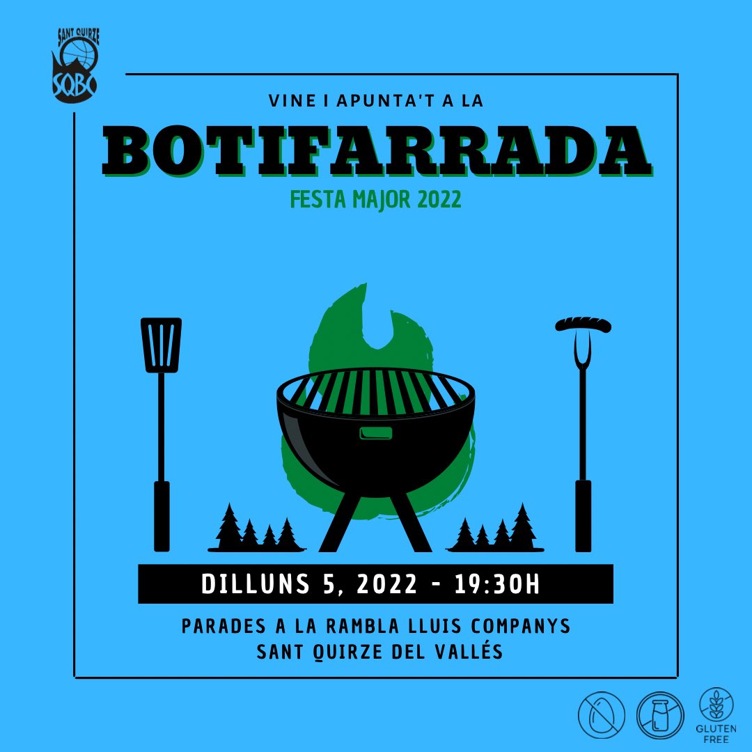 🍖BOTIFARRADA FESTA MAJOR🍖

El Sant Quirze Basquet Club organitza una botifarrada amb dues parades amb botifarres aptes per intolèrancies i al·lergiès alimentaries.

🗓️Dilluns 5 de Setembre
🕣A partir de les 19:30h
📍Rambla de Lluis Companys

US HI ESPEREM!💥