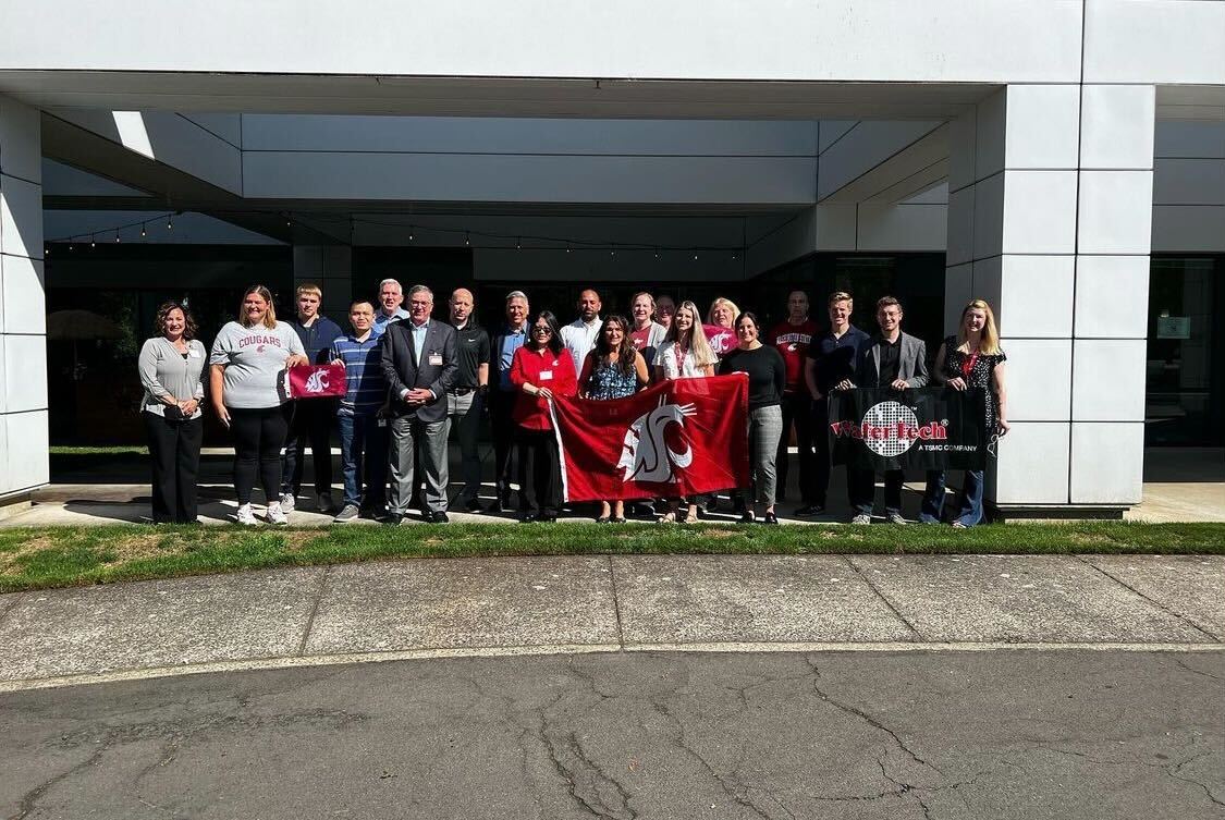 WSU_Cougar_Pres's tweet photo. Outstanding visit yesterday in #Camas with #WaferTech about enhancing our @WSUVancouver / #WaferTech partnership. All of the #WaferTech Cougs came out for a group shot at the end of our visit. 🐾 #VanCougs #WSU #GoCougs https://t.co/eWNVffLEVj