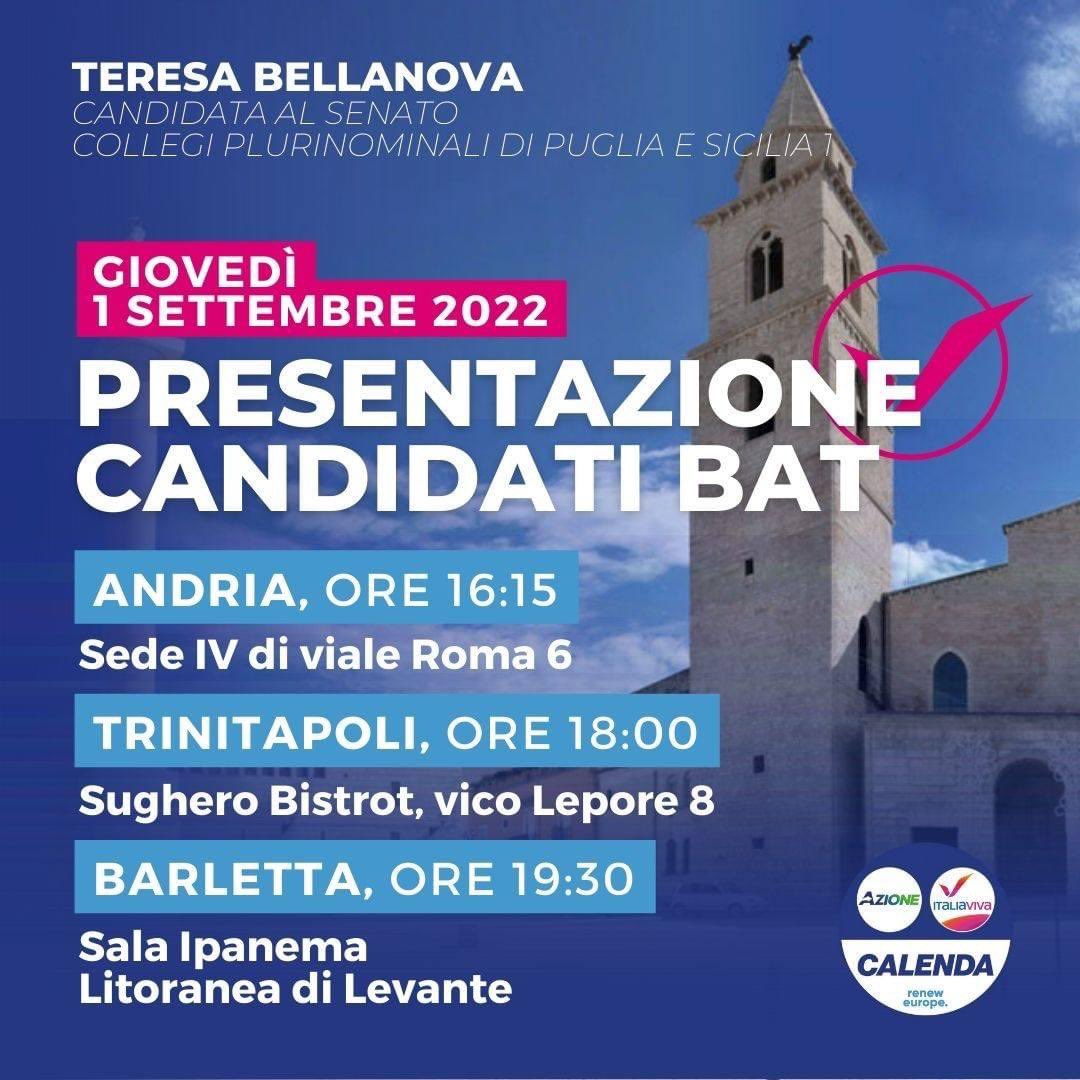 puglia_viva's tweet photo. 🔴 Presentazione candidati in #Puglia
@TeresaBellanova, candidata al Senato collegi plurinominali di #Puglia e Sicilia
📆 Giovedi 1 settembre
📍#Andria
📍#Trinitapoli
📍#Barletta
@Azione_it @ItaliaViva
#ItaliaSulSerio #TerzoPolo https://t.co/74hmFvRoq6