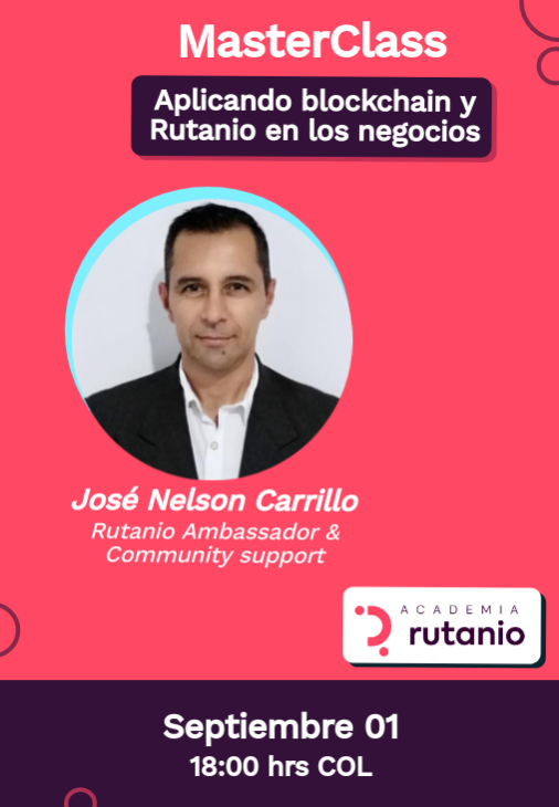 soyrutanio's tweet photo. ¡ No te pierdas el MasterClass Aplicando blockchain y Rutanio en los negocios impartido por @jncarrillo ! 👏

** 1 septiembre a las 6:00 pm COL🇨🇴

Únete al sig. link
https://t.co/bL5qyO21t3

Comparte de cerca la experiencia de hacer parte de Comunidad Rutanio ¡Anímate!🎉 https://t.co/YpRfAUIDCn