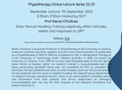 The ISCP are supporting a clinical lecture series starting Wednesday the 7th of September at 8.30am.This lecture is open to any member who would like to attend. The WebEx join link is: iscp.my.webex.com/wbxmjs/joinser… #Physiotherapists #PhysioIreland
 #Physiotherapy  #WorkHealth