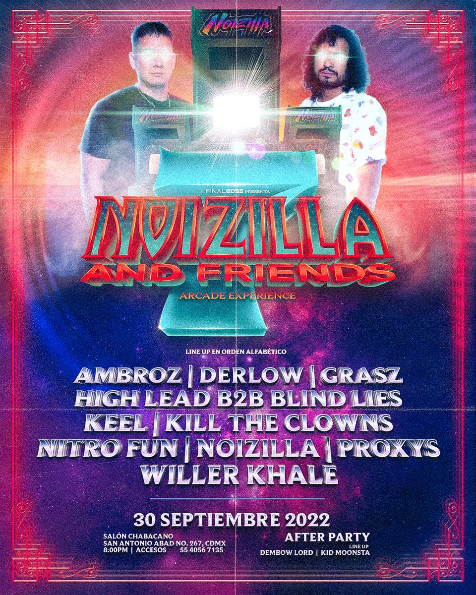 NOIZILLA's tweet photo. ¿Crees tener lo necesario para venir a desafiar a los Jefes Finales?. Ven e inténtalo en “Noizilla &amp; Friends 7”, el primer Arcade y bass experience hecho. No saldrás vivo de ahí. 

Accesos ya disponibles a través de WhatsApp 👇🏻🕹🎮

https://t.co/W9CD2aVbH0 https://t.co/a2Aa3hTCf8