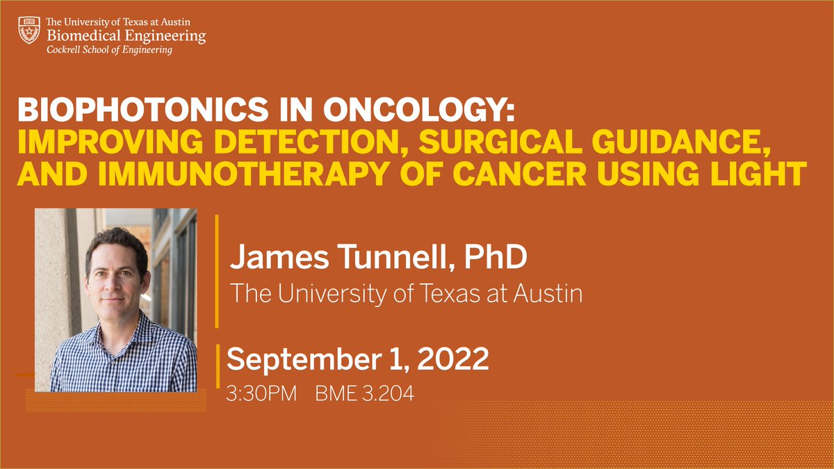 UTBiomedical's tweet photo. Tomorrow we hear from Associate Professor James Tunnell for a talk on Biophotonics in Oncology: Improving Detection, Surgical Guidance, and Immunotherapy of Cancer Using Light https://t.co/dChEeKZNEZ https://t.co/4uOZMmOsfi
