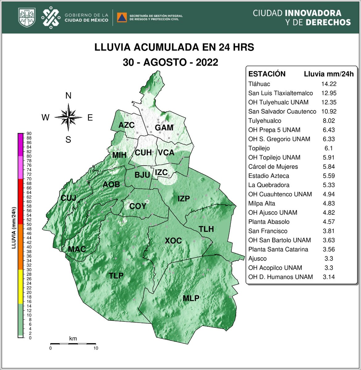 SGIRPC_CDMX's tweet photo. Distribución espacial de las lluvias registradas en varios eventos desde las 6 horas del 30/08/2022 hasta las 6 horas del 31/08/2022 por las estaciones de la @SGIRPC_CDMX, @SacmexCDMX, @conagua_clima y @UNAM_MX.

#LaPrevenciónEsNuestraFuerza https://t.co/Ijz7GHo91E
