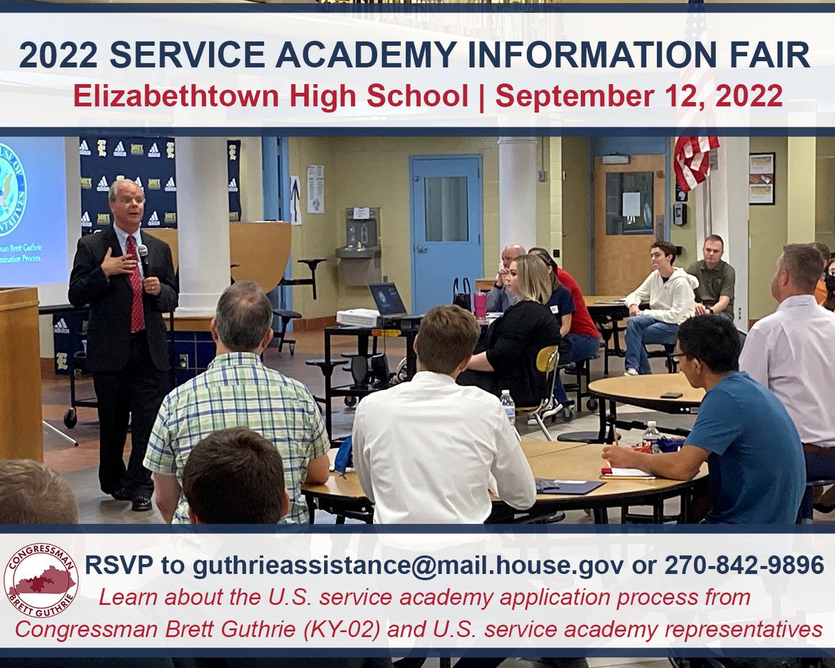 RepGuthrie's tweet photo. I’m looking forward to hosting the Service Academy Information Fair on September 12th for students and their families in Kentucky's Second District. U.S. service academy representatives will be present to answer questions about the application process. Please RSVP to my office. https://t.co/31OzYiZyqj