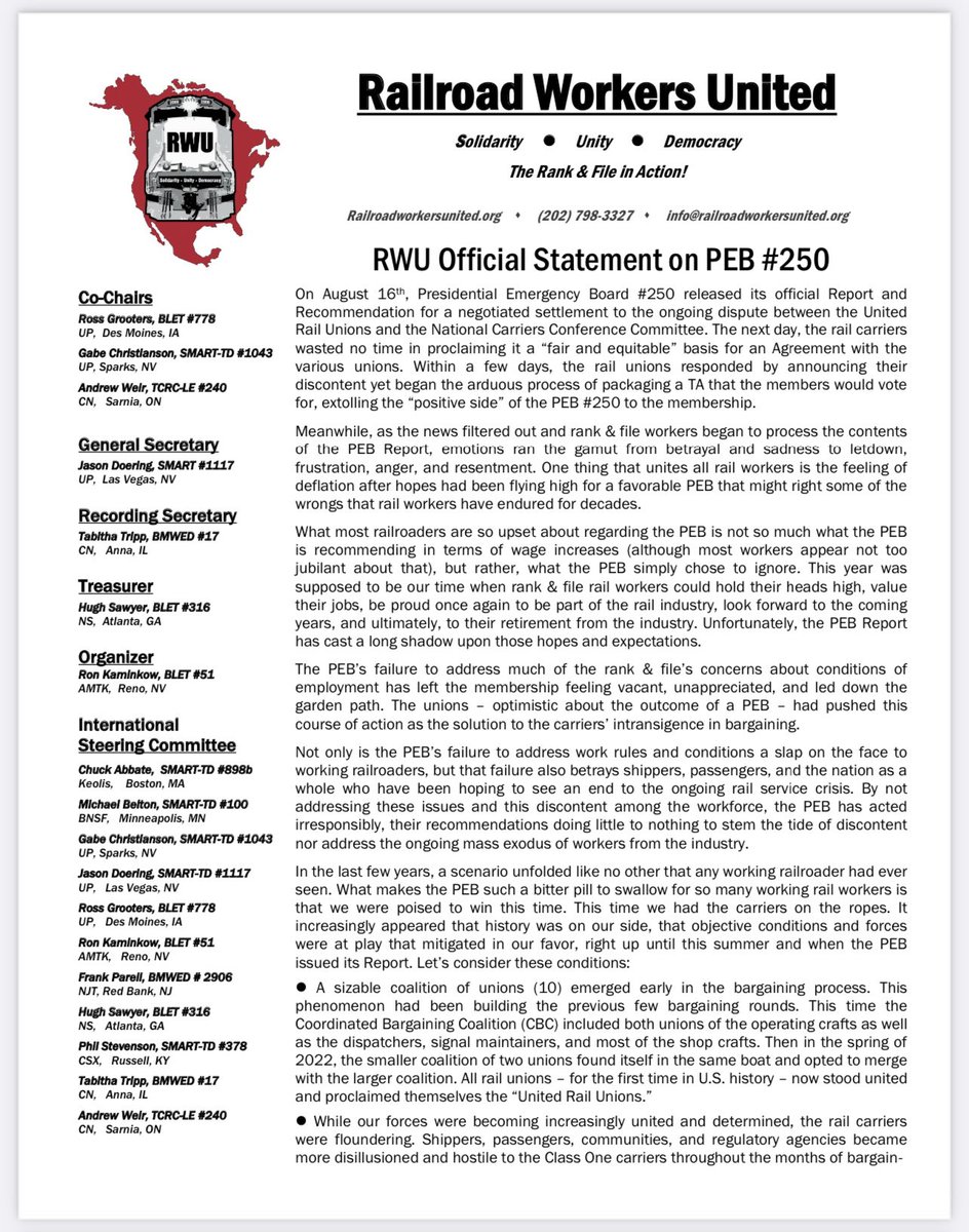 railroadworkers's tweet photo. RWU has drafted an official position and statement on the question of PEB #250. In short, RWU does not believe that railroad workers should support any Tentative Agreement with the rail carriers that is based solely upon the recommendations of the PEB. https://t.co/voYEgkSmf7