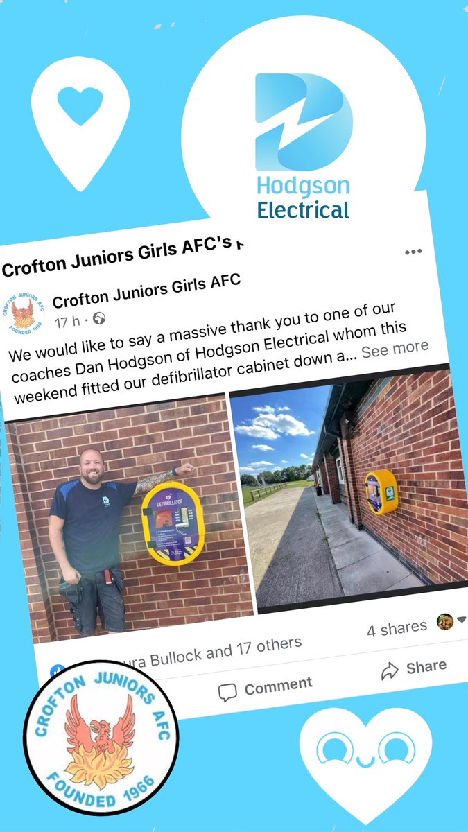 HodgsonElectric's tweet photo. It gives us great pleasure to install another Defib for our local community, this time at a grass roots football club #grassrootsfootball #defib #lifesaveing #community #fa #football https://t.co/UCwdHifdo8