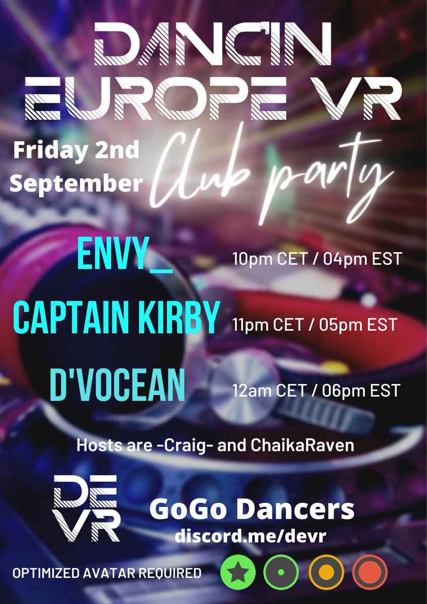 devrdance's tweet image. Danc'in Europe VR (DEVR) is throwing a DJ Pop Up this Friday! Our exquisite lineup of DJ is ready to make you shake shake shake! They will be accompanied on stage by our incredible GoGo Dancers team! Join us on discord to stay tuned! discord.me/devr