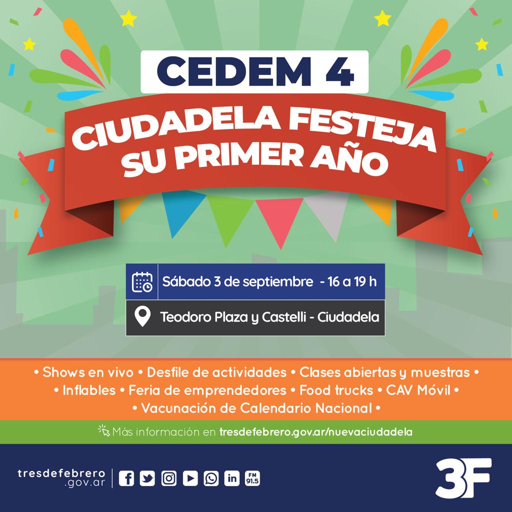 3framos's tweet photo. ¡CEDEM 4 CUMPLE SU PRIMER AÑO! 🎉
Este sábado 4 de Septiembre de 16:00 a 19:00 horas vení a festejar el Aniversario del #CEDEM4
Te esperamos en Teodoro Plaza y Castelli. (Ciudadela)
#TresDeFebrero #Aniversario #CEDEM #3F #Festejo #Ciudadela https://t.co/4RNzlsTgEj