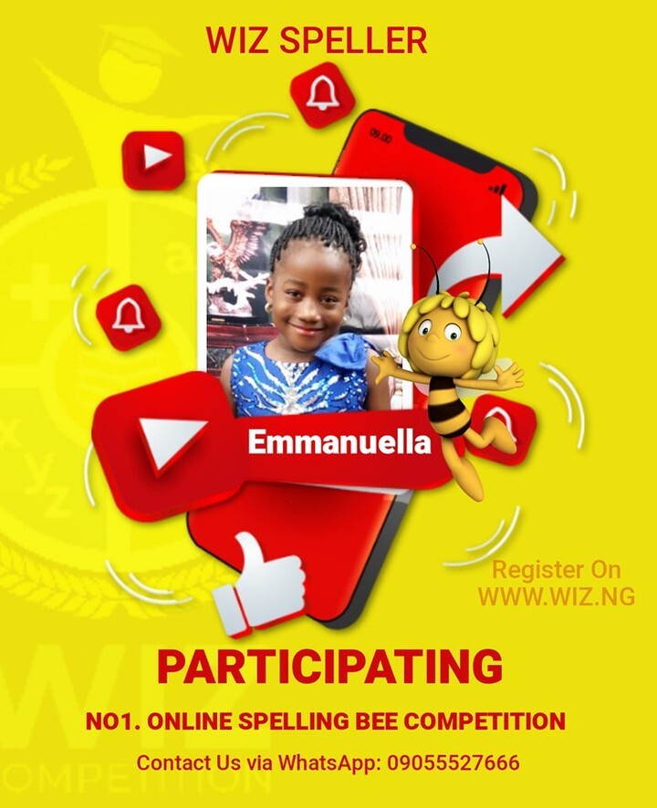 WIZ SPELLING BEE COMPETITION 🐝 2022

Opportunity to challenge your child

Bringing Out The GREATNESS in your children

Positive Engagement
Enroll them on something positive like Wiz, something that will keep them busy and motivate them to develop a k… instagr.am/p/Ch7V8LjtMw4/