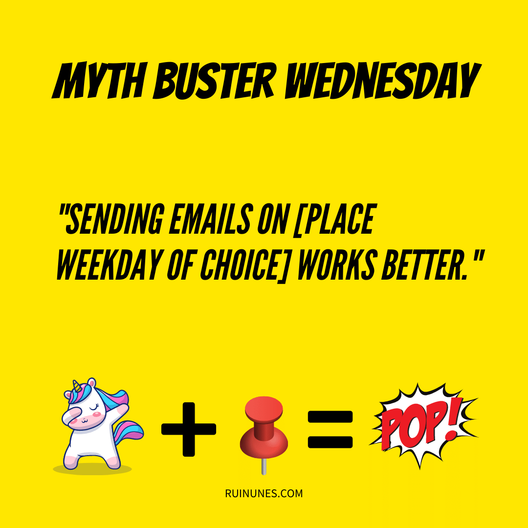 ruinunes's tweet photo. 🦄 Myth Buster Wednesday!

🦄 Sending emails on [place weekday of choice] works better.
🎈🪡 = 💥

Yeah, it doesn't work that way. 🤷‍♂️

If you Google "what's the best day to send emails", you'll get a ton of different results.

#mythbusterwednesday #mythbuster #emailmarketing https://t.co/oiW9T1Mc7u
