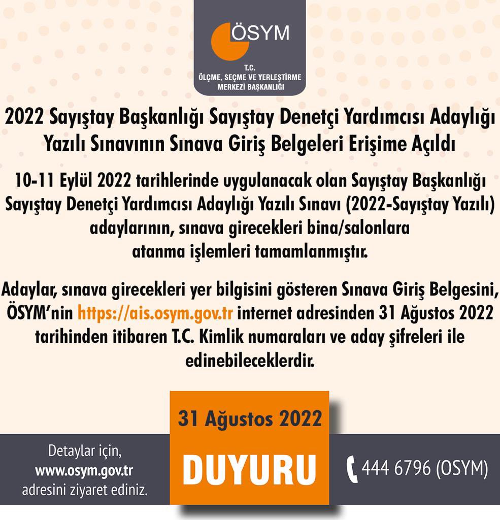 OSYMbaskanligi's tweet photo. 2022 Sayıştay Başkanlığı Sayıştay Denetçi Yardımcısı Adaylığı Yazılı Sınavının Sınava Giriş Belgeleri Erişime Açıldı

https://t.co/UJqVXHIPru https://t.co/RO3HF5ywCf