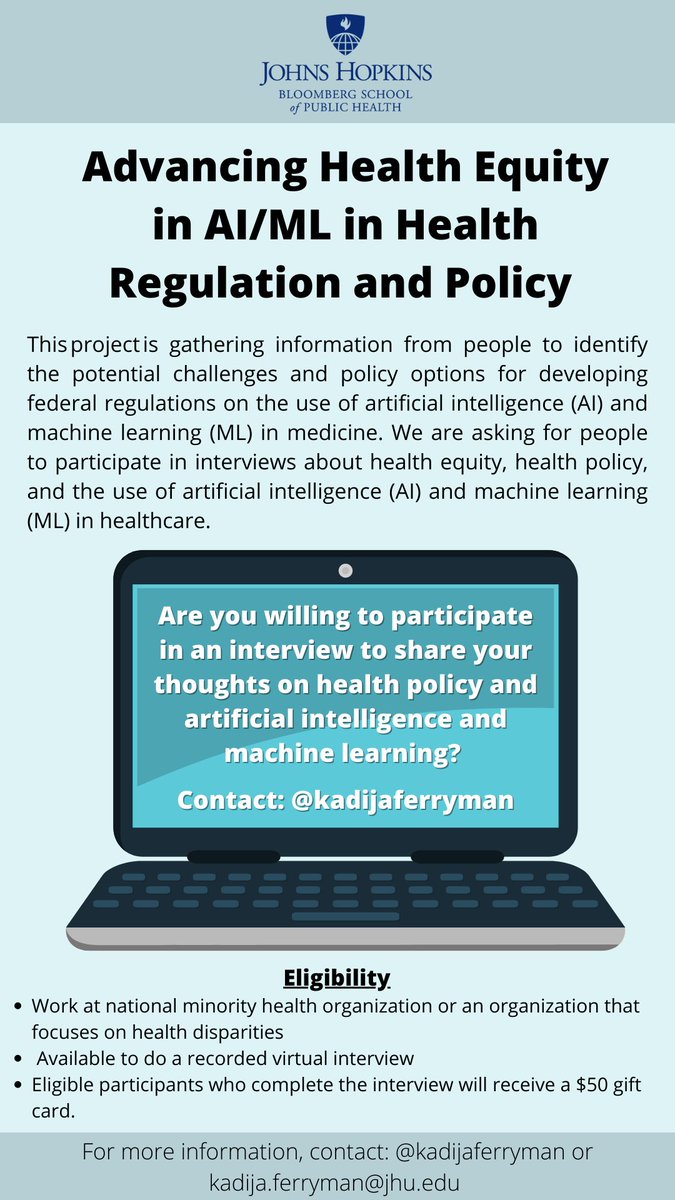We're conducting a study on policy development &amp; health equity for medical #AI. Looking to interview ppl working at organizations that focus on health disparities &amp; health of minoritized groups. Please reach out if interested &amp; share!