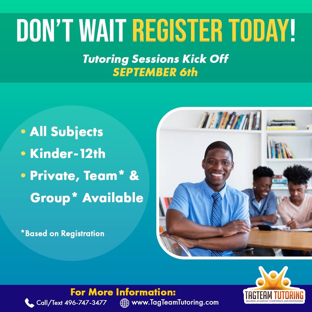 TagTeamTutoring's tweet photo. Don't Wait Register Today!

Tutoring Sessions Kick Off September 6th

•All Subjects
•Kinder-12th
•Private, Team* &amp; Group* Available

*Based on Registration

For more information 469-747-3477 
https://t.co/Qy9MX2YDNN #tagteamtutoring #tagteam #tutor #tutoring #register #math https://t.co/MwKWkZQdz2