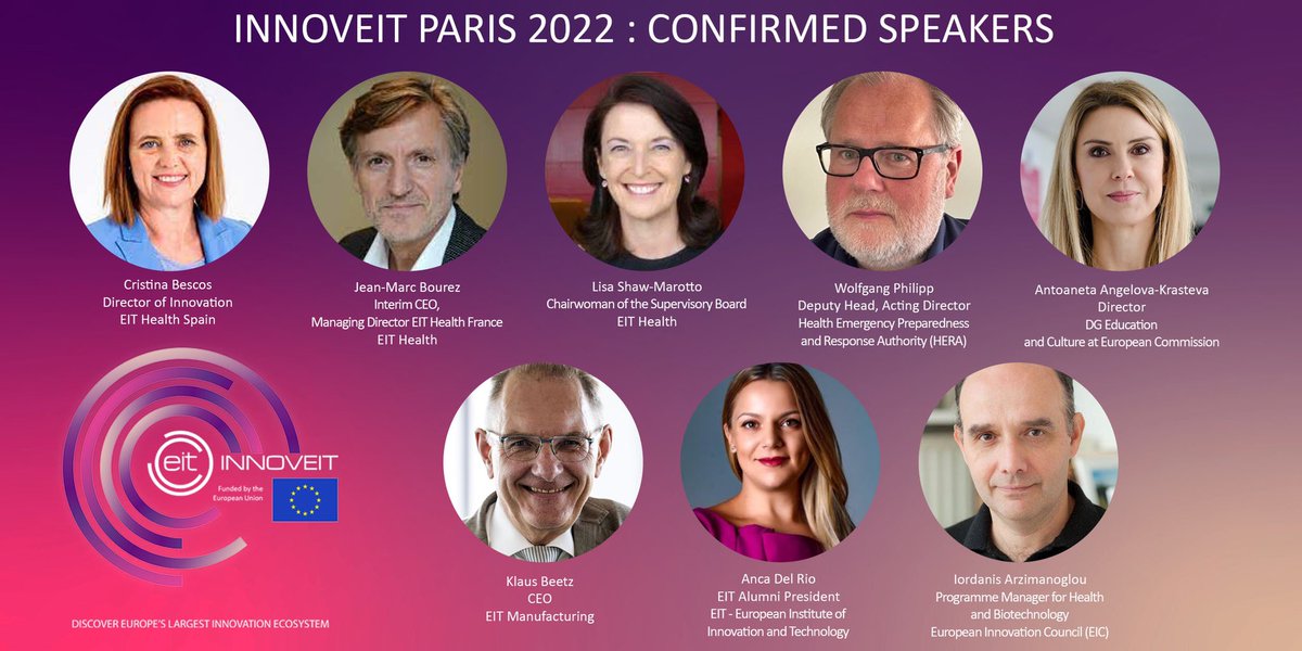 📢  #InnovEITParis 2022 | Speakers announcement 📢 

Discover below our confirmed speakers that will discuss two major topics during two round tables :

Don't miss the conferences of our guests : Register now 👉 bit.ly/3PSav6h

<a href="/EITHealth/">EIT Health</a> <a href="/EU_EISMEA/">EISMEA</a>