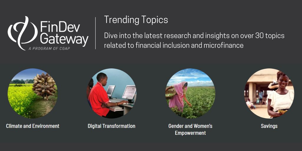 FinDevGateway's tweet photo. 📣Do you work in a specific area in #financialinclusion? Simplify your research, explore @FinDevGateway content by topic👇 https://t.co/8A4xtg7kG3
#women #dfs #remittances #consumerprotection #mfi  #impactinvesting #data #savings #climatefinance #refugees #agents #fintech #health https://t.co/rb5gj9wAGG