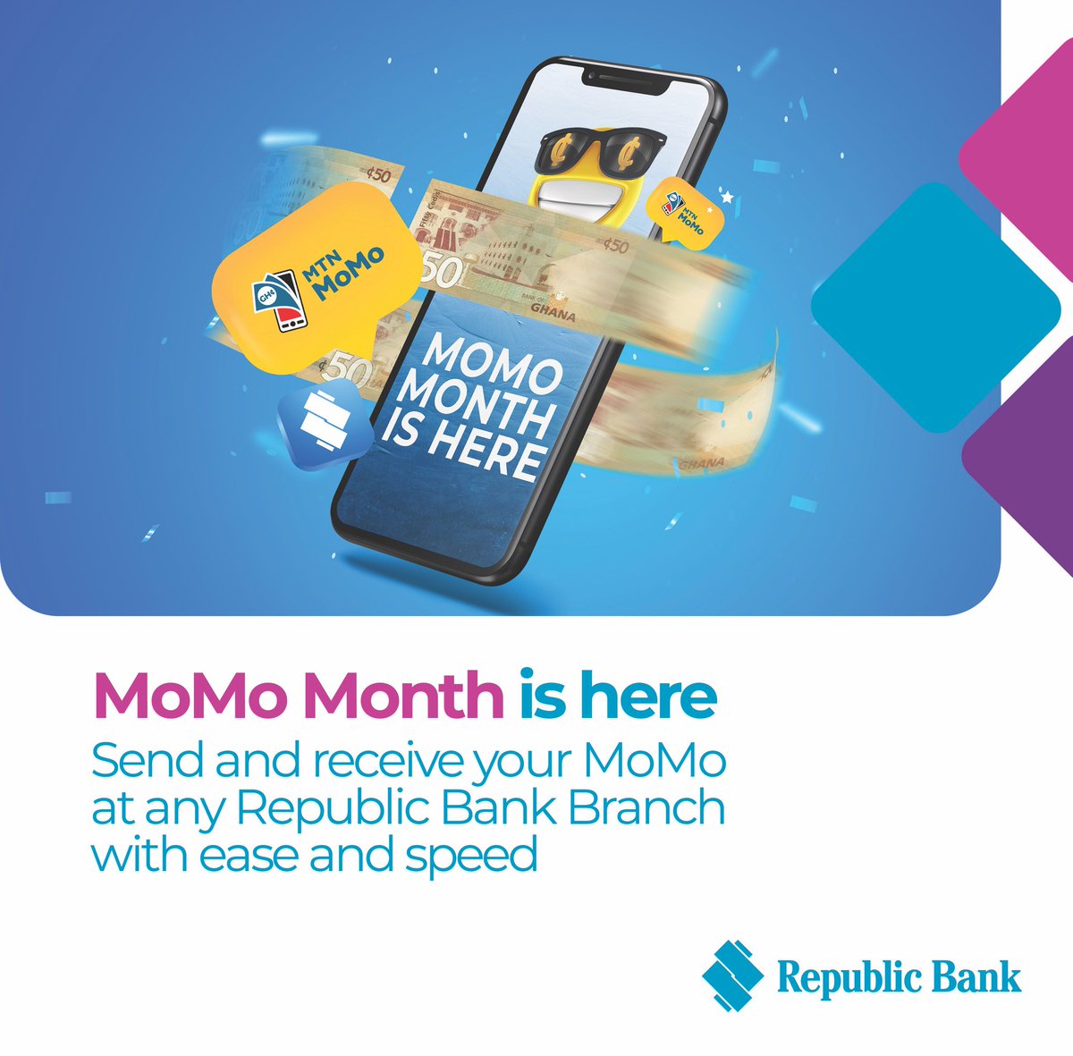 RepublicBankGh's tweet photo. Can’t find a momo agent close to you. Don’t worry!
At Republic Bank, you can send and receive momo at any of our branches closer to you.
Enjoy this service with speed and convenience.
#republicbankghana
#momomonth https://t.co/3B3GlClcWB