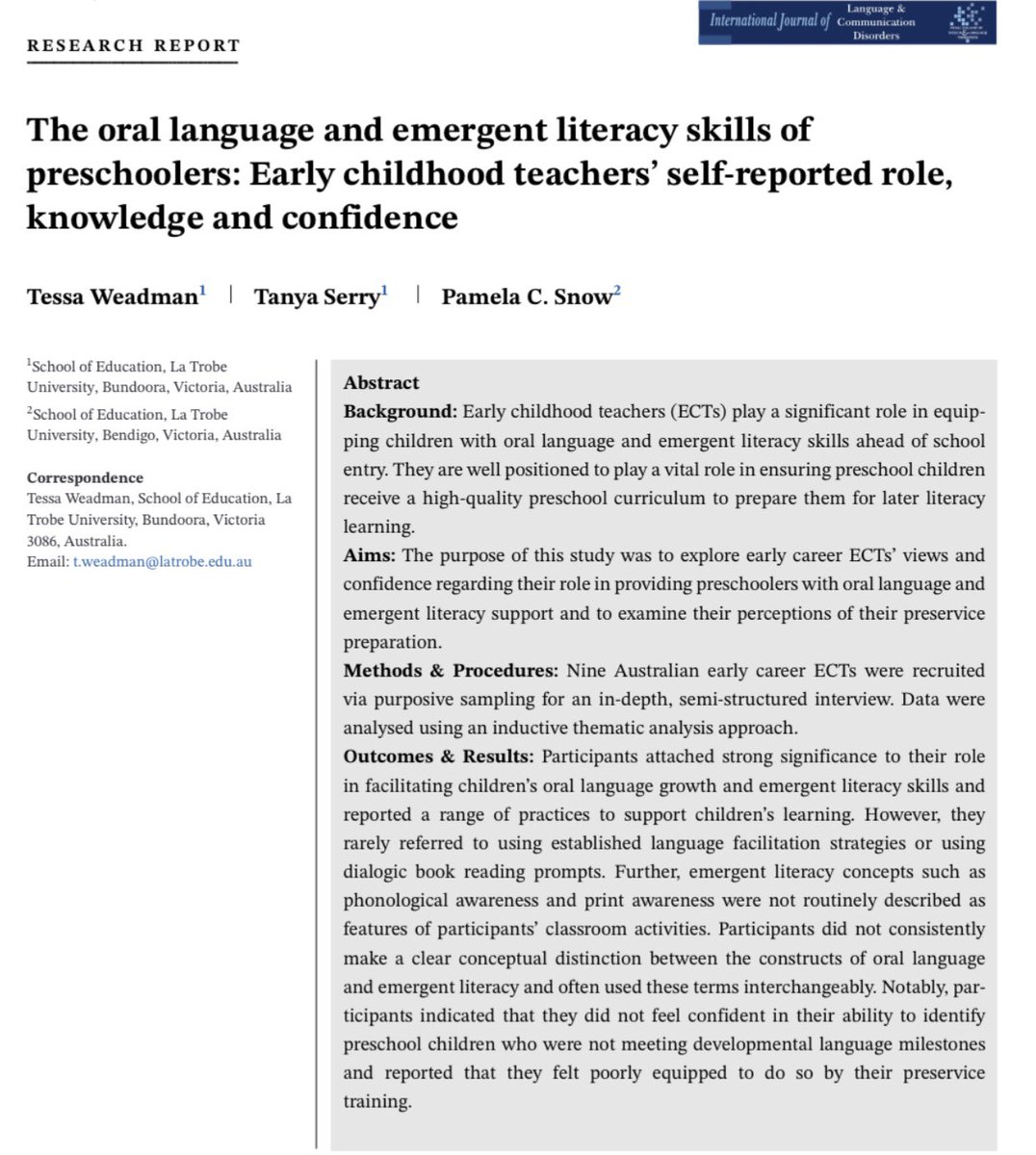 My final #SLPhD paper is available open access in <a href="/ijlcd/">IJLCD</a> 

The oral language and emergent literacy skills of preschoolers: Early childhood teachers’ self-reported role, knowledge and confidence 

🔗 onlinelibrary.wiley.com/doi/epdf/10.11…

Thanks to <a href="/tserry2504/">Tanya Anne Serry PhD</a> <a href="/PamelaSnow2/">Pamela Snow</a>