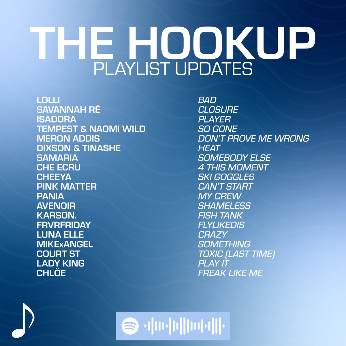 🎣 THE HOOKUP has been updated with new music from

@SavannahReMusic, @yeaimtempest, @meronaddismusic, @DIXSON, @findlovergirl, @Cheecru, @pinkmatterband, @notpaniaxo, @whoakarson, @frvrfriday, @LunaEllemusic & MORE

Check it out!

open.spotify.com/playlist/5VCVG…