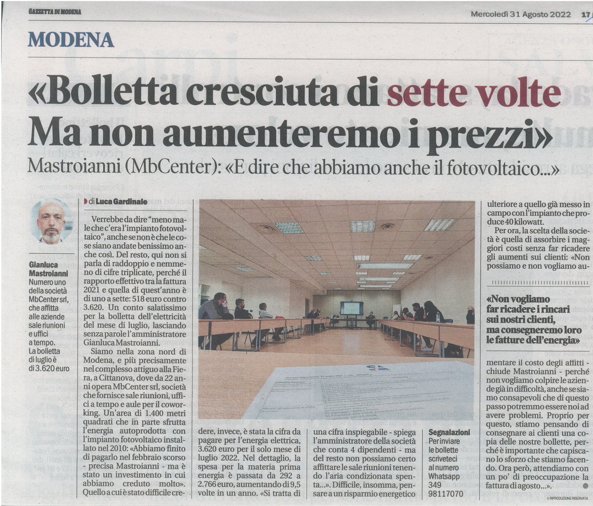 #caroenergia Il collega Gianluca Mastroianni del Michelangelo Business Center di #Modena intervistato dal quotidiano la Gazzetta di Modena sull'incremento, 7 VOLTE, della bolletta dell'energia dello scorso mese di Luglio versus Luglio 2021.