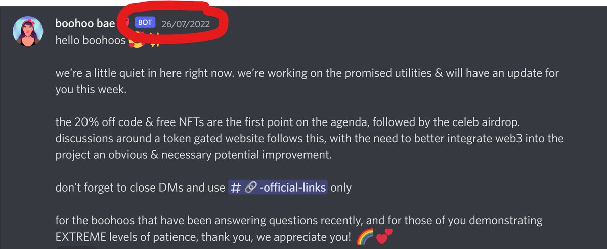 dubai_collector's tweet photo. @boohooverse @boohoo  After waiting over 3 months and zero roadmap delivery. Holders are still waiting for the next message from your "BOT". No reply from a single person, Team or Mod? where did you go???

@rugpullfinder @Rabia_Loud @UmarKamani @SamirKamani @AdamKamani https://t.co/UoUwnHUJLC