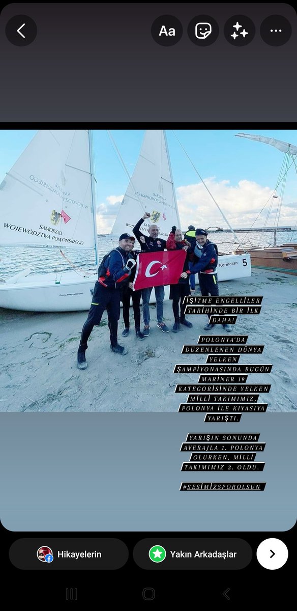 İŞİTME ENGELLİLER TARİHİNDE BİR İLK DAHA!

Polonya'da düzenlenen Dünya Yelken Şampiyonasında bugün Mariner 19 kategorisinde Yelken Milli Takımımız, Polonya ile kıyasıya yarıştı.

Yarışın sonunda averajla 1. Polonya olurken, Milli takımımız 2. oldu.

#sesimizsporolsun