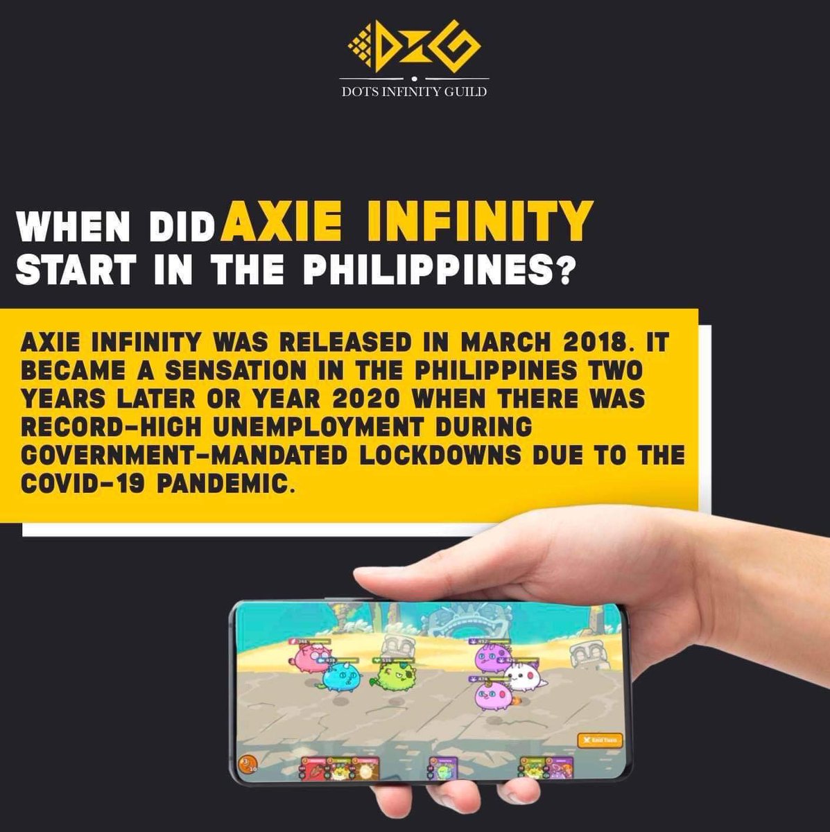 DotsInfinity's tweet photo. #DIGdiduknow 
Axie Infinity made a breakthrough in the Philippines which introduced crypto and NFT's to the majority of the public. 😯 https://t.co/Cyeb3uaIFz