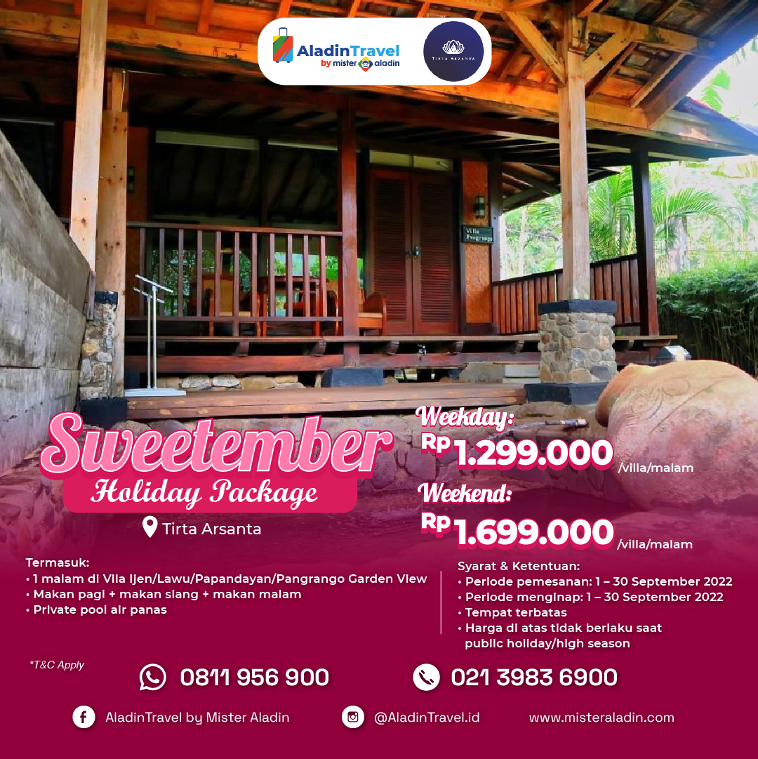 AladinTravelMA's tweet photo. Lagi ada Holiday Package nih!🤩 Dengan Rp1.299.000 saat weekdays dan Rp1.699.000 saat weekend kamu udah bisa santai di Tirta Arsanta Bogor.

#bogor #privatepool #staycation #penginapan #AladinTravelJakarta #AladinTravelbyMisterAladin https://t.co/GS5sVWH0el