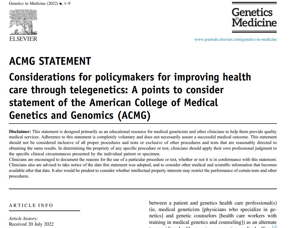 MuinJKhoury's tweet photo. Medical genetics professionals have used #telegenetics for more than 25 years. Because of the #COVID19 pandemic, #telegenetics has expanded as a necessary, effective, and invaluable care modality. New @theacmg statement via @GIMJournal https://t.co/Fg21dHu6t3 https://t.co/x2QQ8yLu9g