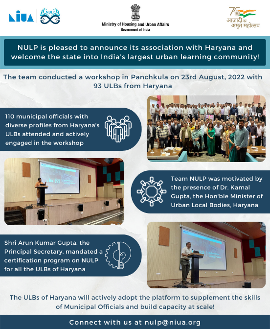 NUDM_NIUA's tweet photo. #NULP is pleased to welcome #Haryana into India's largest urban learning community!
Team NULP conducted an interactive workshop in Panchkula on 23rd August, 2022 with 110 participants from 93 Urban Local Bodies.
#NUDM #digitallearning #urbanecosystem #UrbanCapacityBuilding #ULBs https://t.co/NUa6XhZgKa
