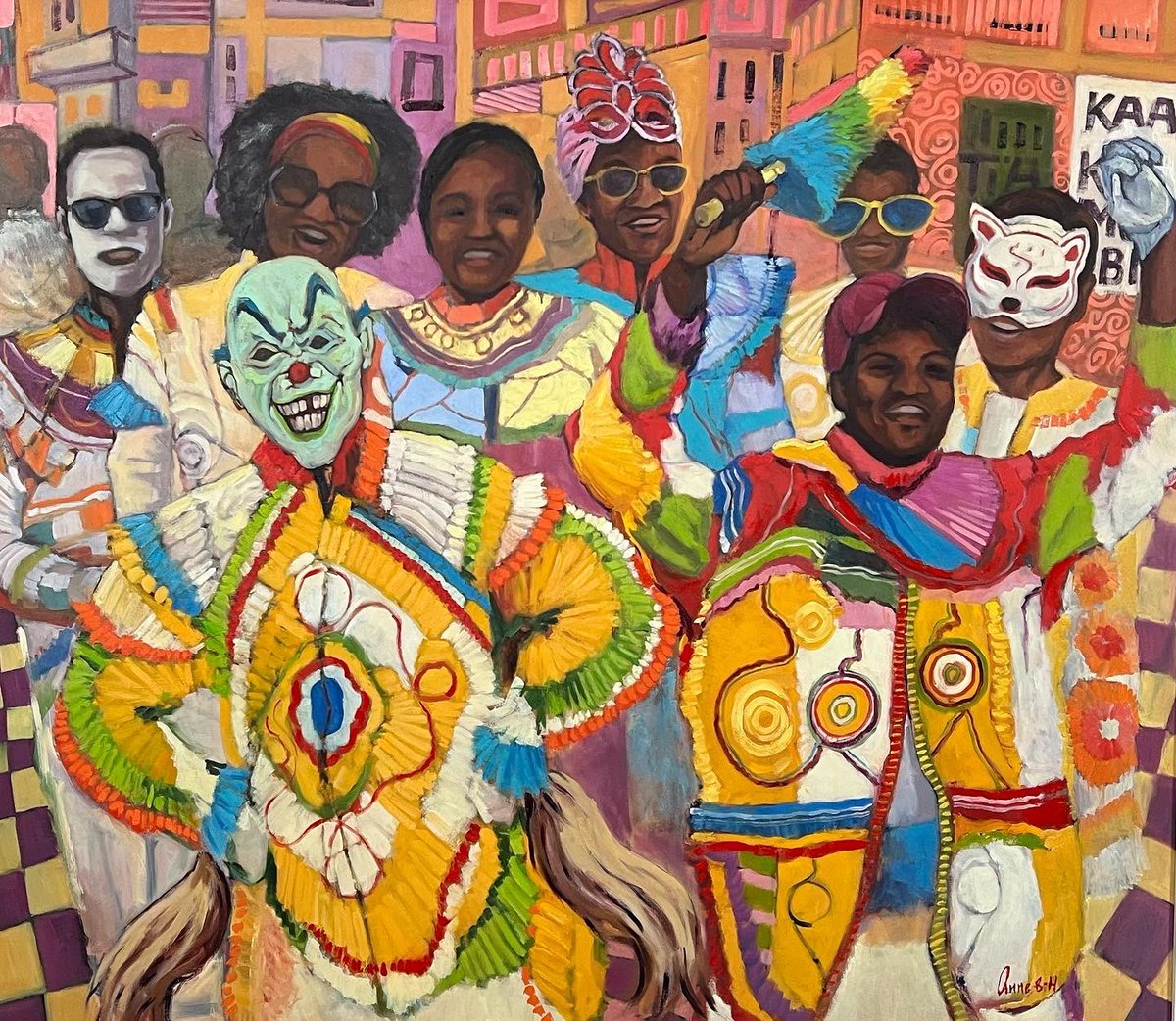 AnneBH_Art's tweet photo. The Day The Masqueraders Came 97.5cm x 76.5cm framed
The #Christmascarnival is a very colourful affair in the Western and Central #Ghana. Commonly known as #kaakaamotobi ’, their history is steeped in the #colonialdays when local people parodied #colonialmasters by dressing up. https://t.co/H0Oi9xlWkW