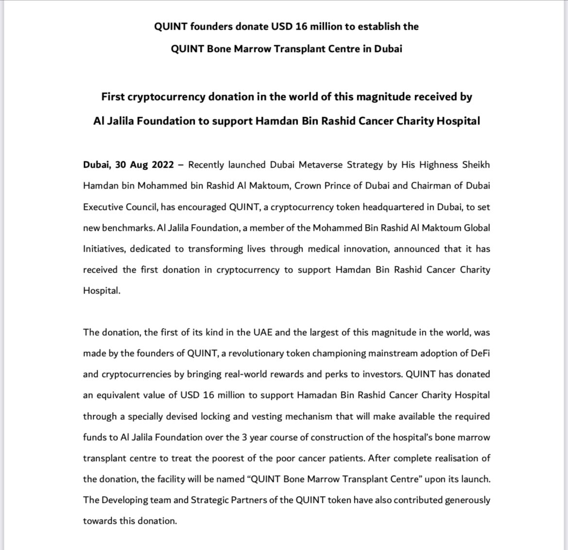 projectquint's tweet image. 📣 In another first in the world, $Quint to establish #Quint Bone Marrow Transplant Centre in Dubai.

Apart from a massive donation from our Founders, the portion of the project taxes that the Dev team were entitled to, have ALL been pledged against this noble cause. 🙌🏻