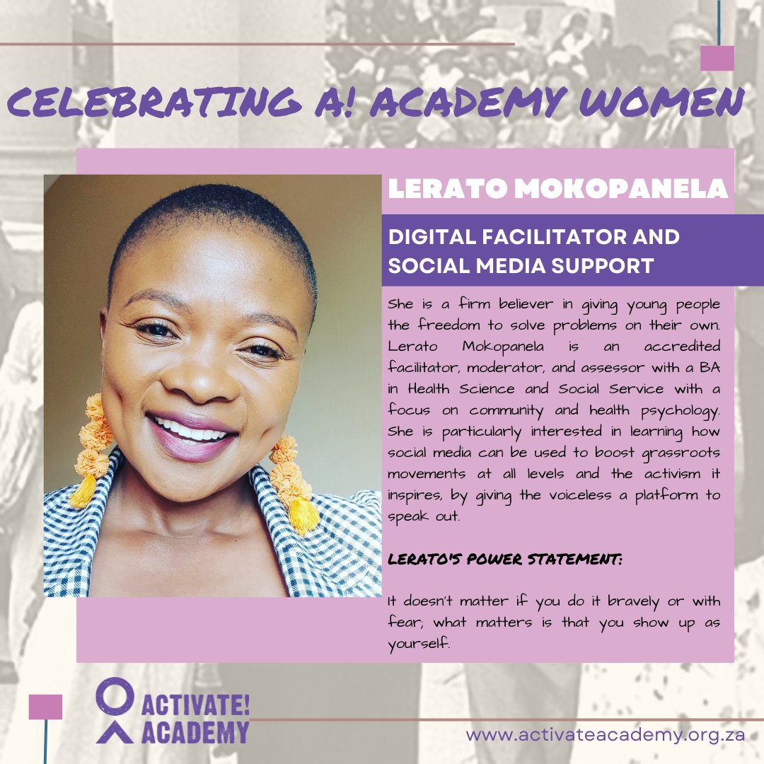 As we draw close to the end of Women's Month, we'd like to celebrate another incredible woman behind the Activate Academy. Lerato Mokopanela heads our Social Media and is an absolute calming presence. 

We rise together!
#activateacademy #womensmonth2022