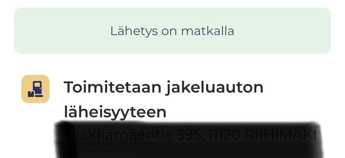 ⁦<a href="/Postigroup/">Posti</a>⁩ mitä tarkoittaa toimitetaan jakeluauton läheisyyteen? Mustattuna on kotiosoite, pitääkö minun hommata tänne äkkiä jakeluauto, jotta voitte toimittaa sen läheisyyteen?