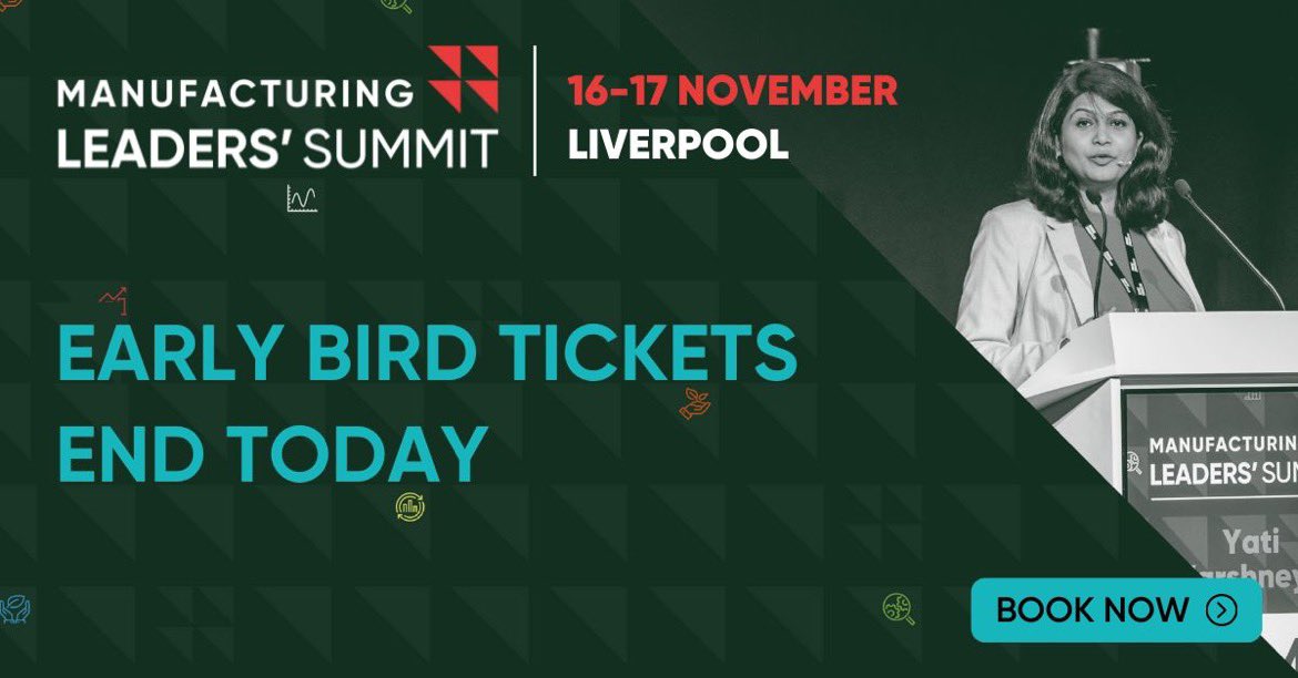 Today is your last chance to secure your early bird discounted ticket (save £100) for Manufacturing Leaders' Summit #MfgLeaders, taking place 16-17 November in Liverpool. Book your ticket: rfg.circdata.com/publish/DMW22/…. Part of #DigiMfgWk