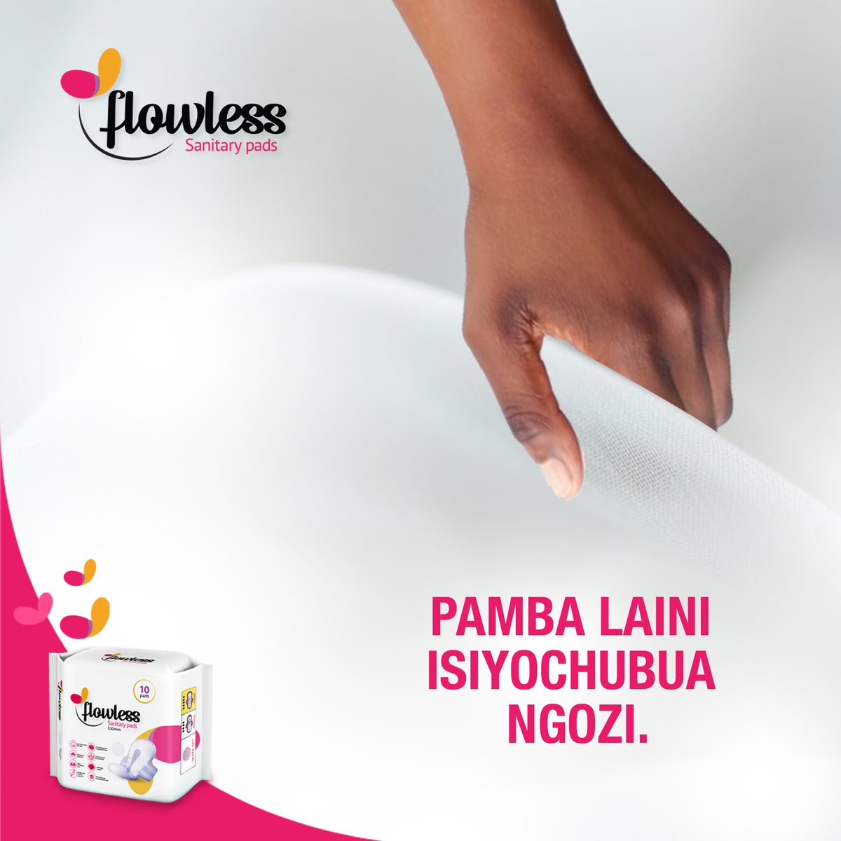 FlowlessPads's tweet photo. Jisikie poa kwa kutumia pedi za Flowless, haziwashi, pamba halisi na umbo la petali linalozuia misuguano ya ngozi. Ipate madukani sasa kwa bei ya shilingi elfu tatu tu. #NikoHuru #Flowess https://t.co/MSlpEUNzrm
