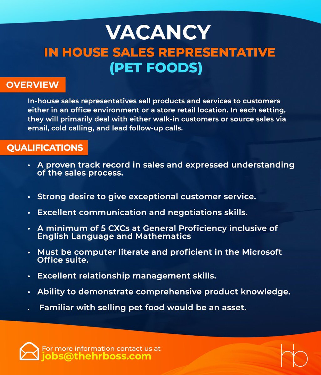 the_hrboss's tweet photo. Career Opportunity Alert 🚨🚨🚨

Our client is hiring a In House Sales Representative

Send an application to jobs@thehrboss.com https://t.co/8z0aceOElO