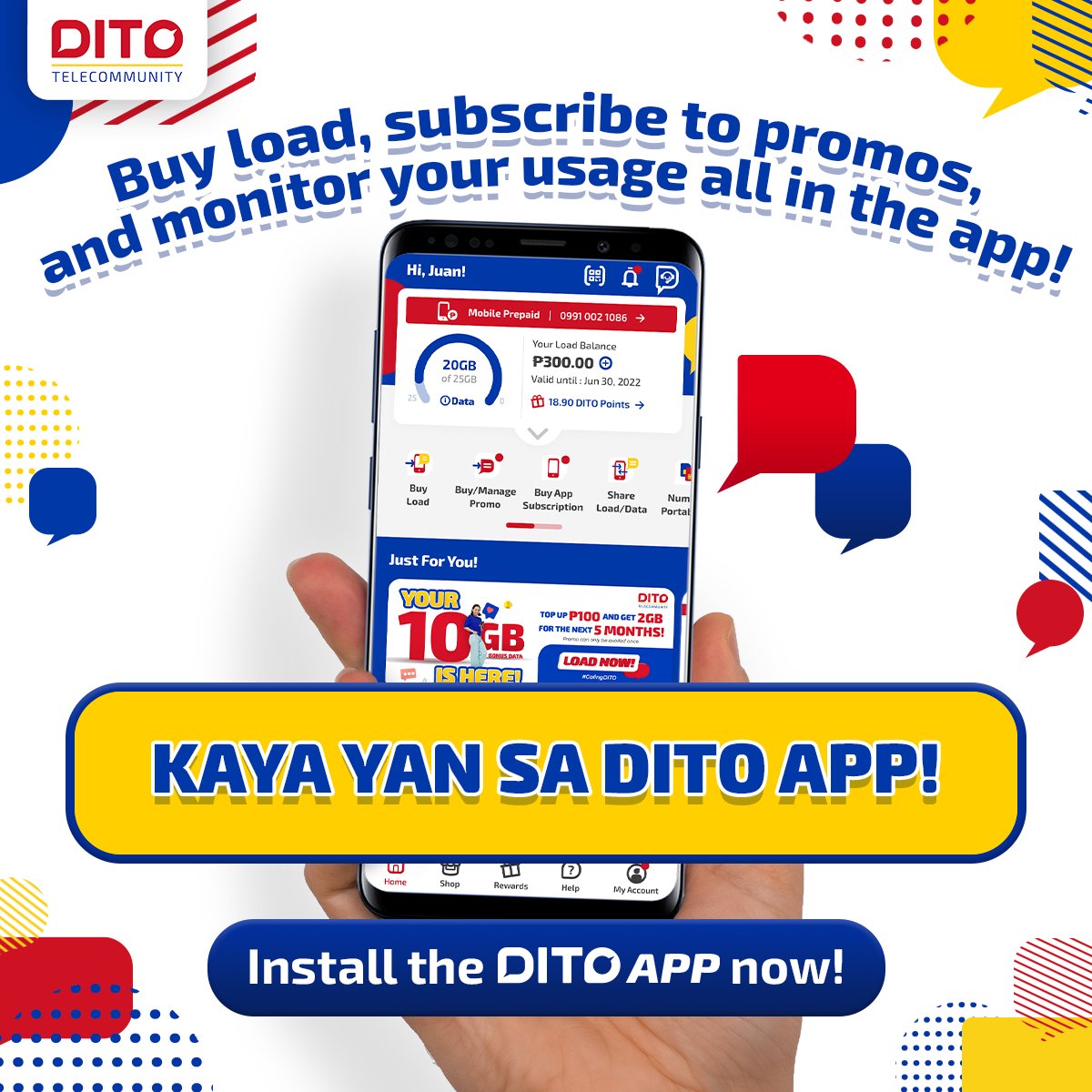 DITOphofficial's tweet photo. Buy load, track your data, and subscribe to promos with ease when you install the DITO APP! Download the app now and see how you can make things happen easier with DITO! Tara na and thank us later! 😉 https://t.co/MT7MaZhR2Y