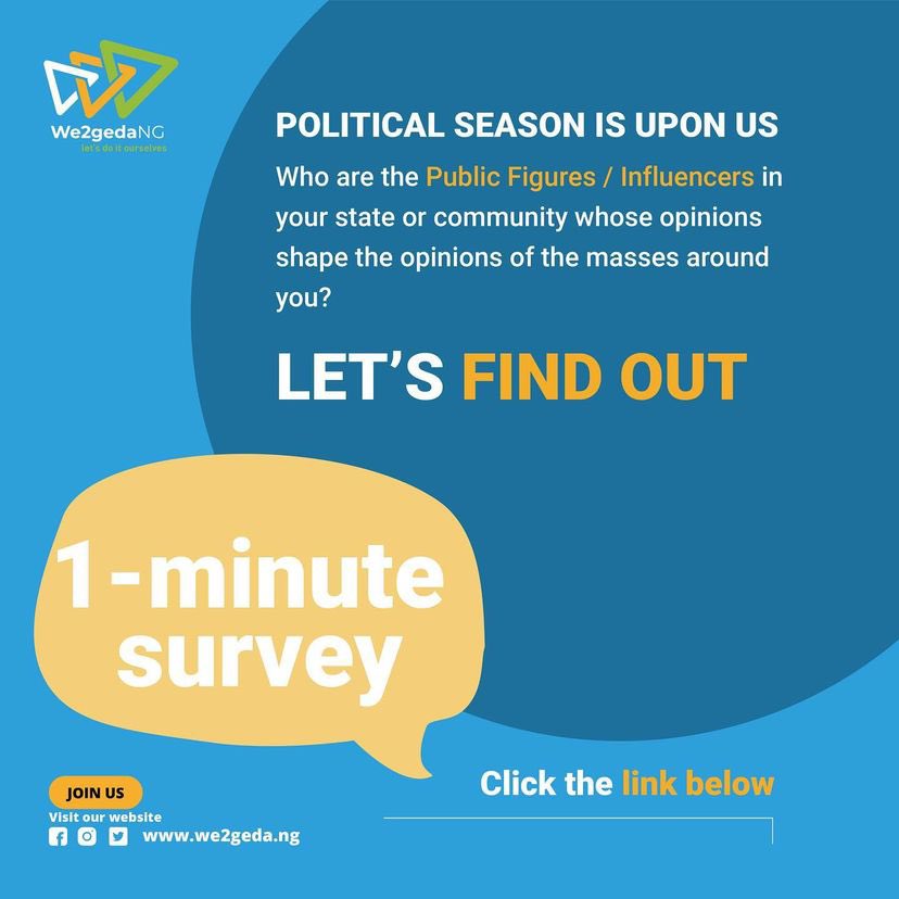 ShinaPeller's tweet photo. Kindly fill out this quick 1-minute survey to let us know those influencers/public figures in your state or community whose opinions help shape the opinions of the masses.
SHARE WITH FRIENDS & FAMILY!
Click the link https://t.co/SmwV7pdrnV
#We2geda #letsdoitourselves https://t.co/sZg0lBfxbt