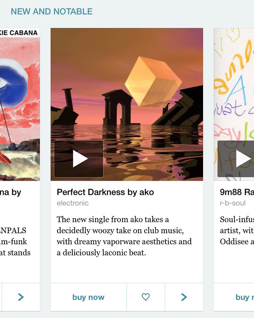 My new single made the front page of BandCamp in the 'New &amp; Notable' section!!

"The new single from ako takes a decidedly woozy take on club music, with dreamy vaporware aesthetics &amp; a deliciously laconic beat"

Thanks <a href="/Bandcamp/">bandcamp</a> ❤️❤️❤️

ako0.bandcamp.com/album/perfect-…

#vaporwave