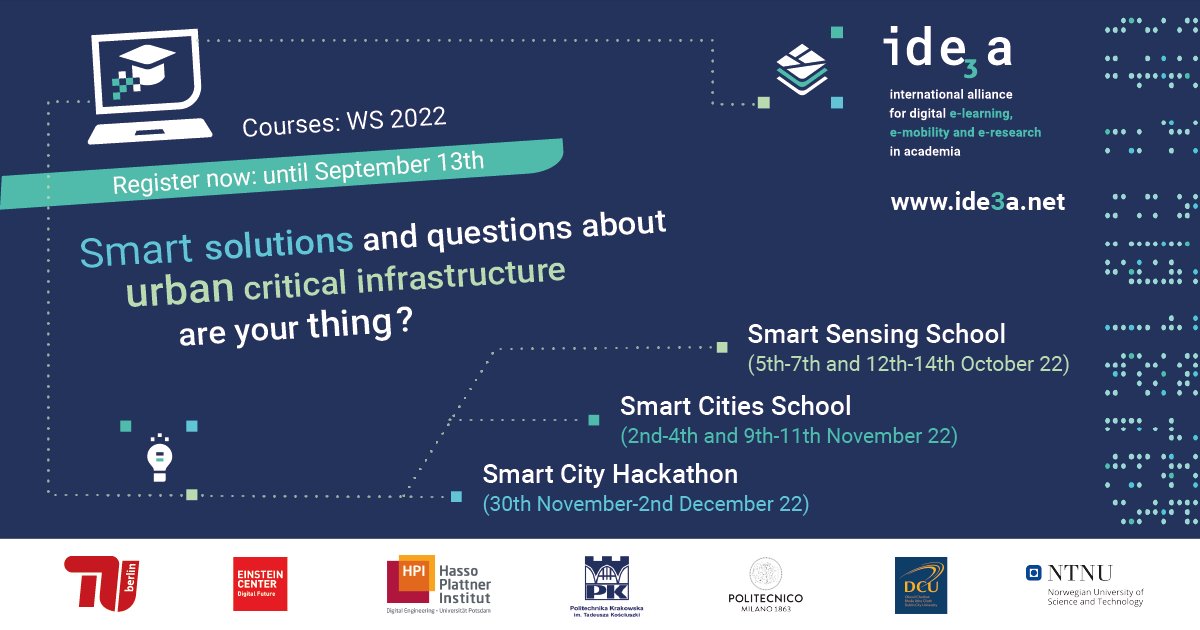 Registration of this year's @Ide3a1 #SmartSensing and #SmartCities school and hackathon is still open until Sept 13 🏙️ Have a look if you're from one of our partner universities @polimi, @NTNU, @DCU, Cracow University of Technology, @HPI_DE, @TUBerlin_UMI

ide3a.net/register-now-s…