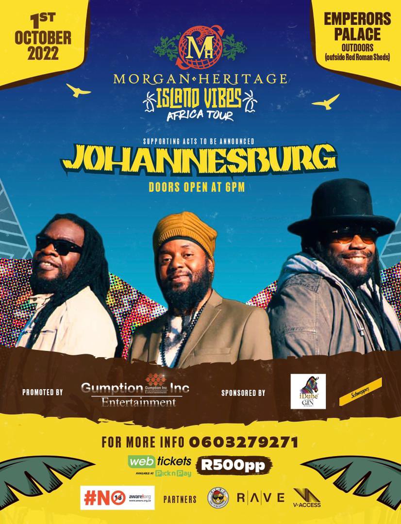 IslandVibesAf's tweet photo. The @morganheritage Island Vibes Tour first stop is in the Southern part of Africa at Johannesburg on the first day in October! 

For more details visit to https://t.co/yhLw8OoWs8 and sign up. 

#IslandVibesAfricanTour https://t.co/kmGp2rGJdU