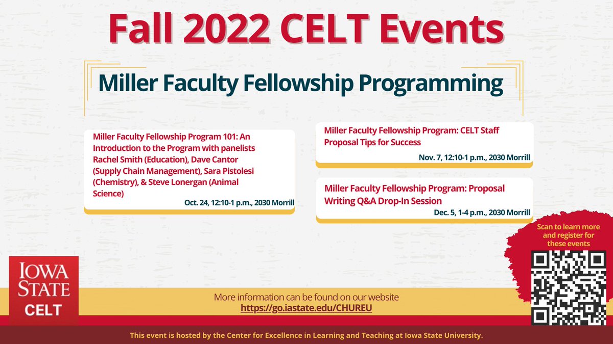 Are you thinking about applying for the Miller Faculty Fellowship? We have a series of programming beginning at the end of the month for you! Join us to learn more about the program, get tips, and have your questions answered! More info here -  go.iastate.edu/CHUREU