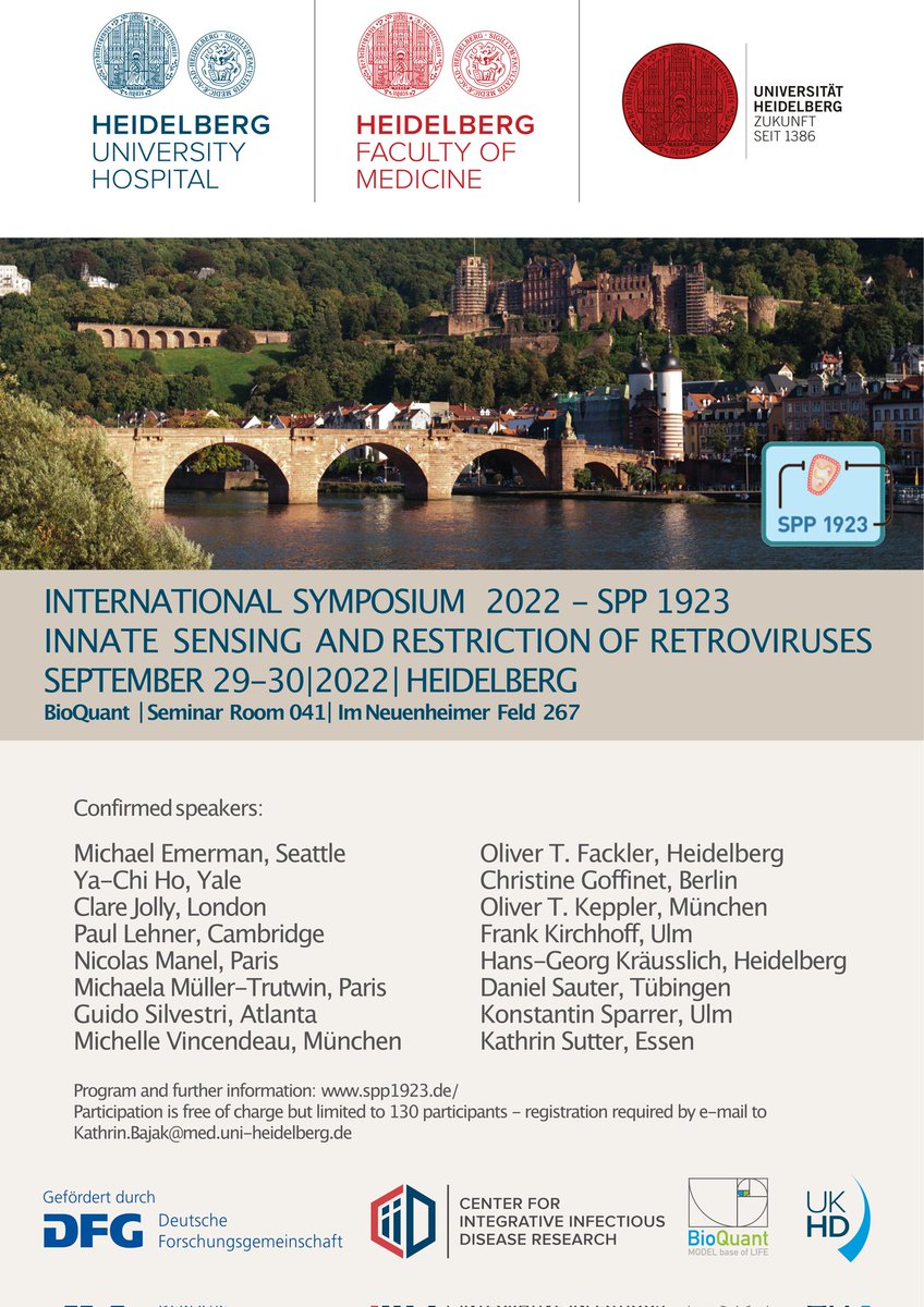 Starting in 4 weeks: The International #SPP1923 Symposium 2022 on "Innate Sensing and Restriction of Retroviruses"! Further information: spp1923.de

#SPP1923 #Retroviruses #Symposium <a href="/dfg_public/">DFG public | @dfg_public@wisskomm.social</a> <a href="/CiidHeidelberg/">CIID_Heidelberg</a> #BioQuant <a href="/uniklinik_hd/">Universitätsklinikum Heidelberg</a> <a href="/UniHeidelberg/">Uni Heidelberg</a>