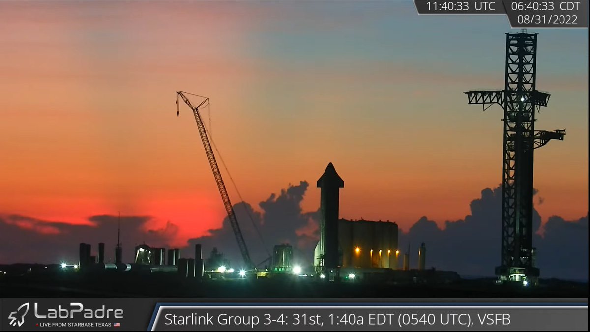 VickiCocks15's tweet photo. As the sun rises on another day at #Starbase, @LabPadre's #NerdleCam witnesses the calm (before a  storm?) What do #SpaceX have in store for us today? #PadB and the #OLM both seem to have been cleared and an #OP issued. It could get exciting! Come watch! https://t.co/B4XbQxElIf https://t.co/m38IDNoZPS