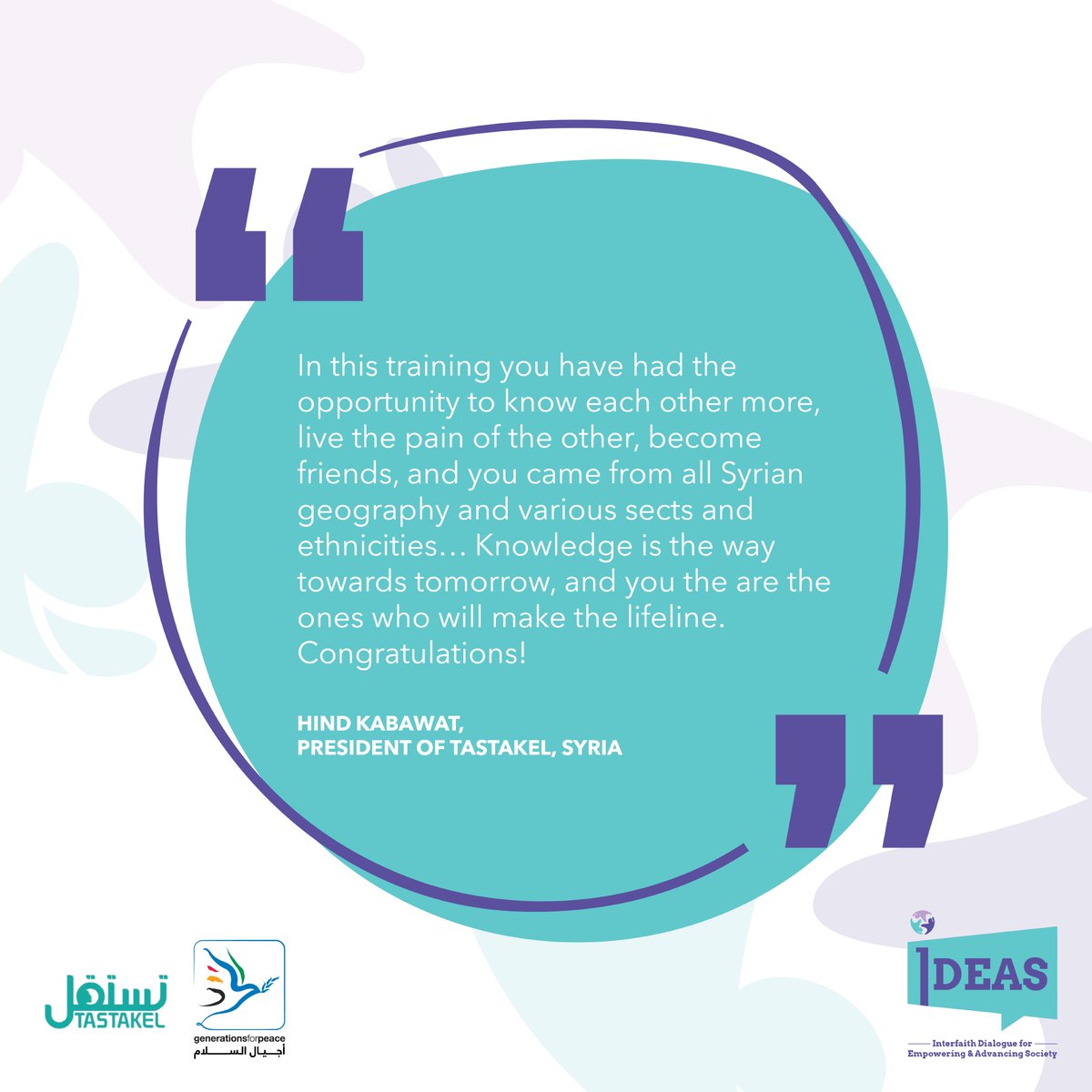 Gens_For_Peace's tweet photo. “You have had the opportunity to know each other more, live the pain of the other, & become friends. Knowledge is the way towards tomorrow, and you are the ones who will make the lifeline."-Hind Kawabat, President of Tastakel, at the #IDEAS graduation ceremony
#Tastakel #PassItOn https://t.co/0ddLypedwl