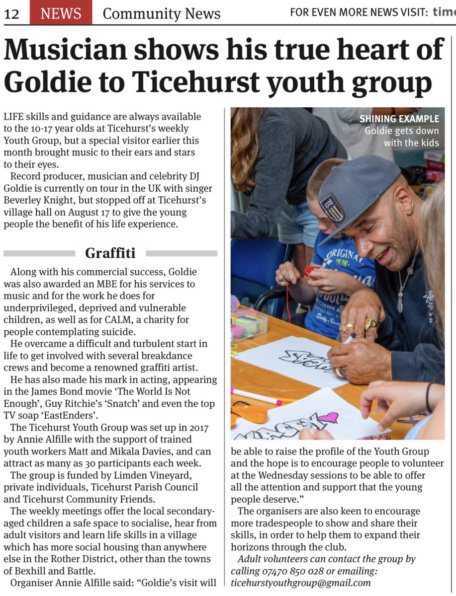 What a lovely surprise visit the Ticehurst Youth Group had from such an incredible and inspiring man <a href="/MRGOLDIE/">GOLDIE</a> who is currently on tour but gave up some of his free time to share some his life experiences with the group. This is such a wonderful Group and is locally run.
